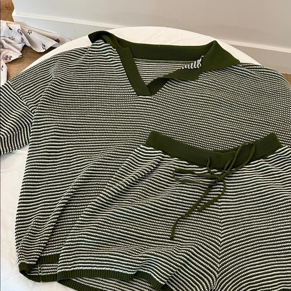 Striped Knit Two-Piece Set - Olive & White